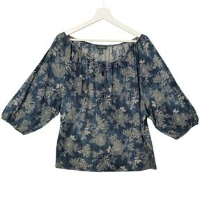 Ralph‎ Lauren LRL Dark Florals Cottage Prairie Puff Sleeve Womens Large Boho